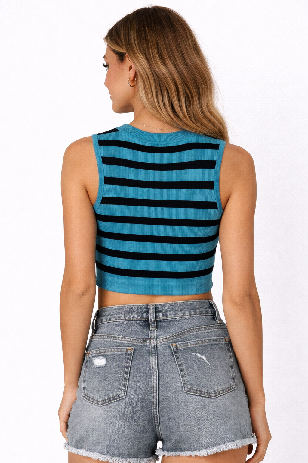 Women Green Striped Cotton Sleeveless Crop Top