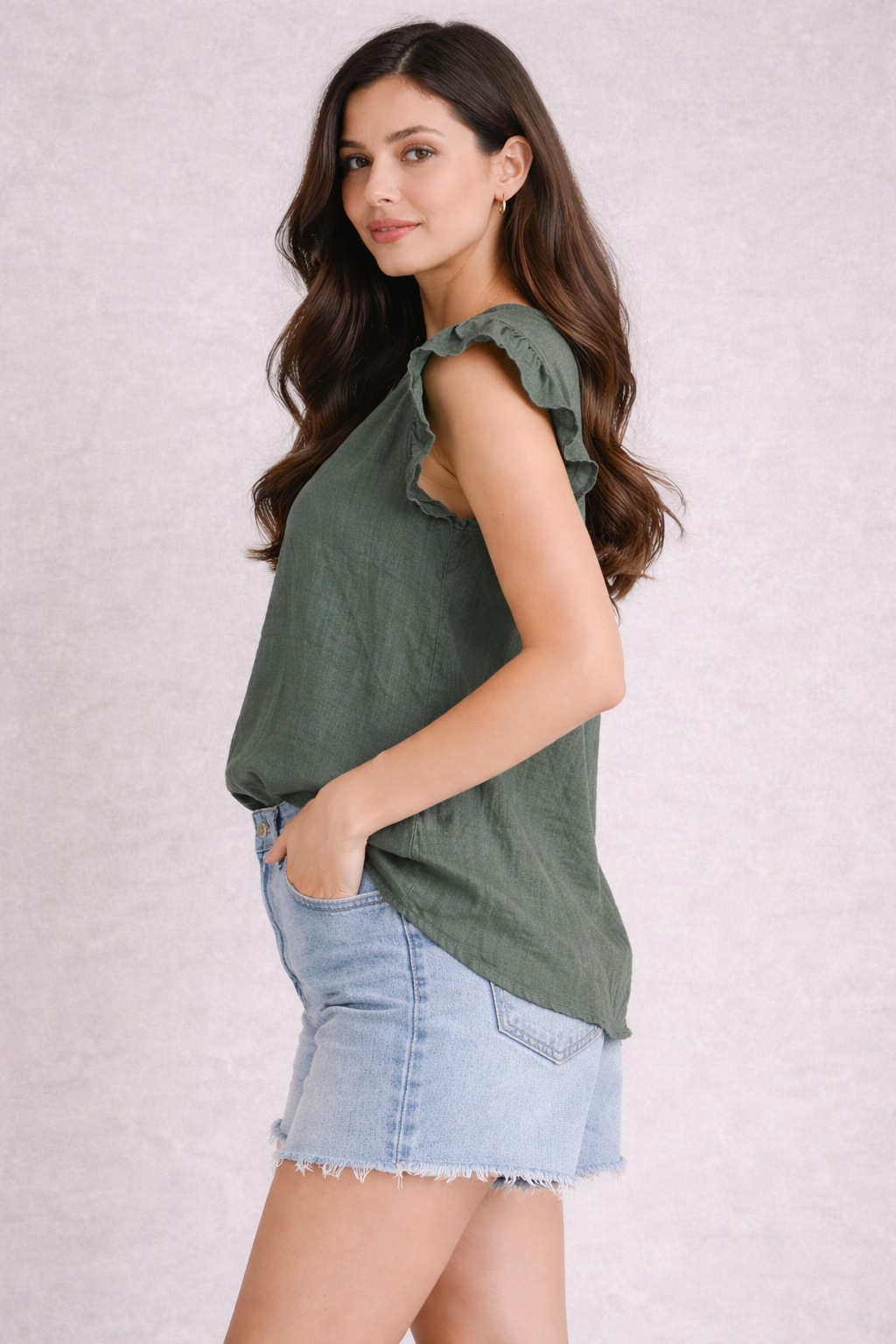 Women Green Cotton Flutter Sleeve Top