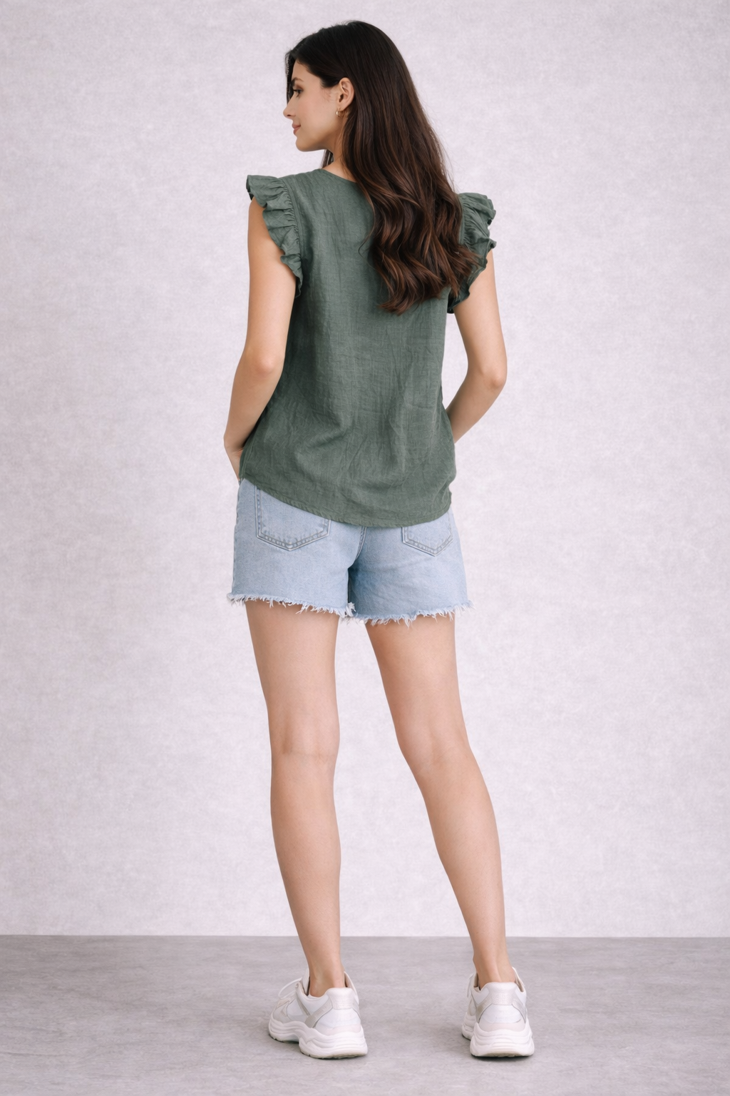 Women Green Cotton Flutter Sleeve Top
