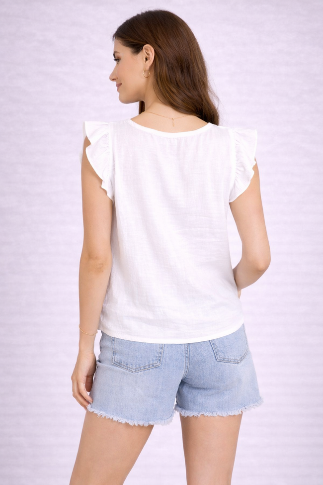 Women White Cotton Flutter Sleeve Top