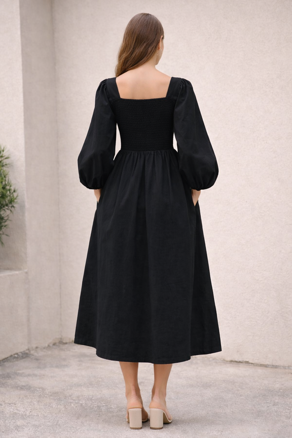 Women Black Cotton Midi Dress