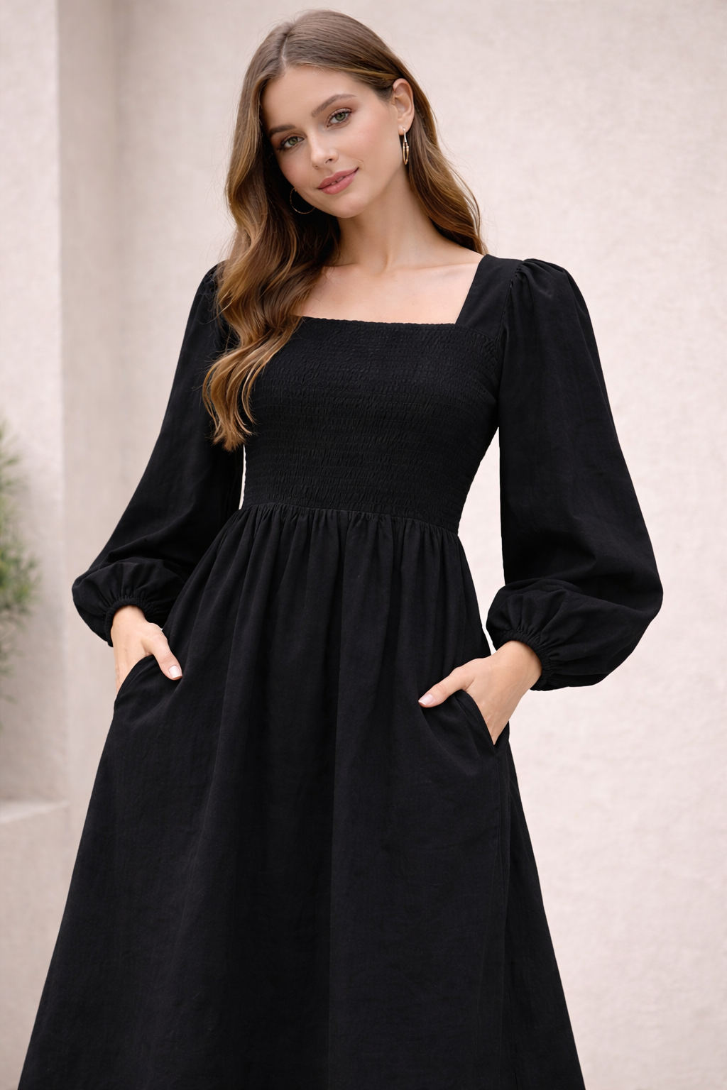 Women Black Cotton Midi Dress