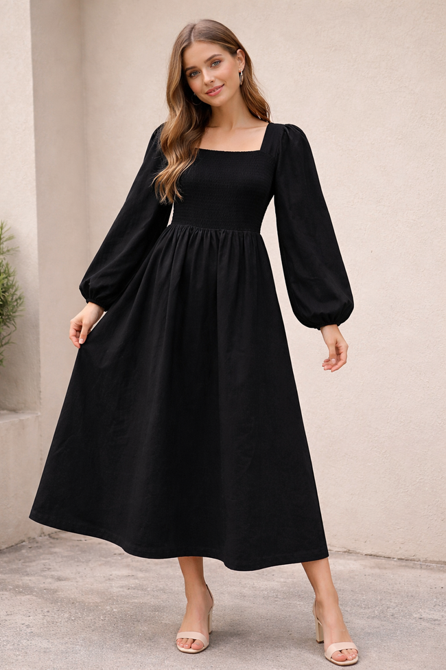 Women Black Cotton Midi Dress