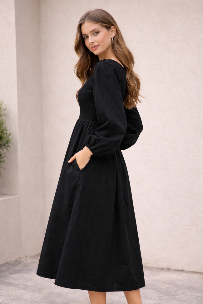 Women Black Cotton Midi Dress