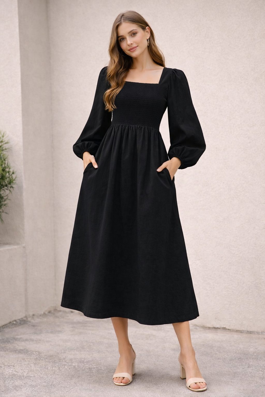 Women Black Cotton Midi Dress