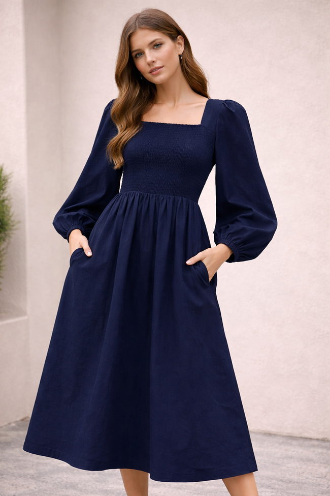 Women Blue Cotton Midi Dress