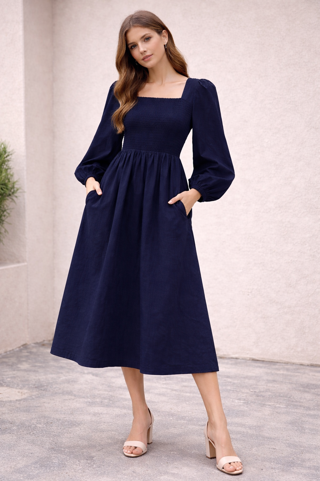 Women Blue Cotton Midi Dress