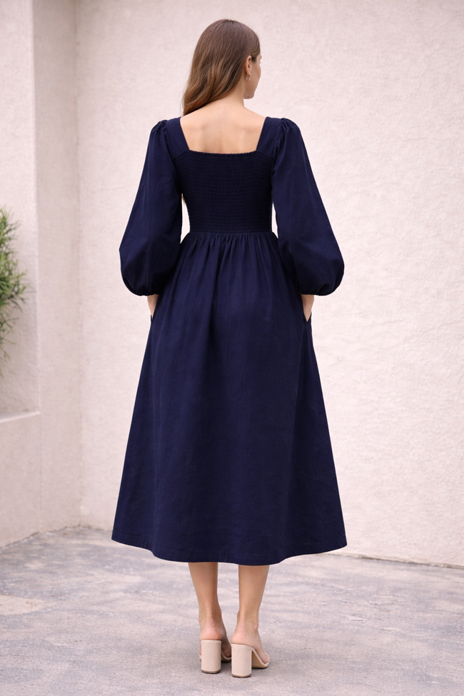Women Blue Cotton Midi Dress