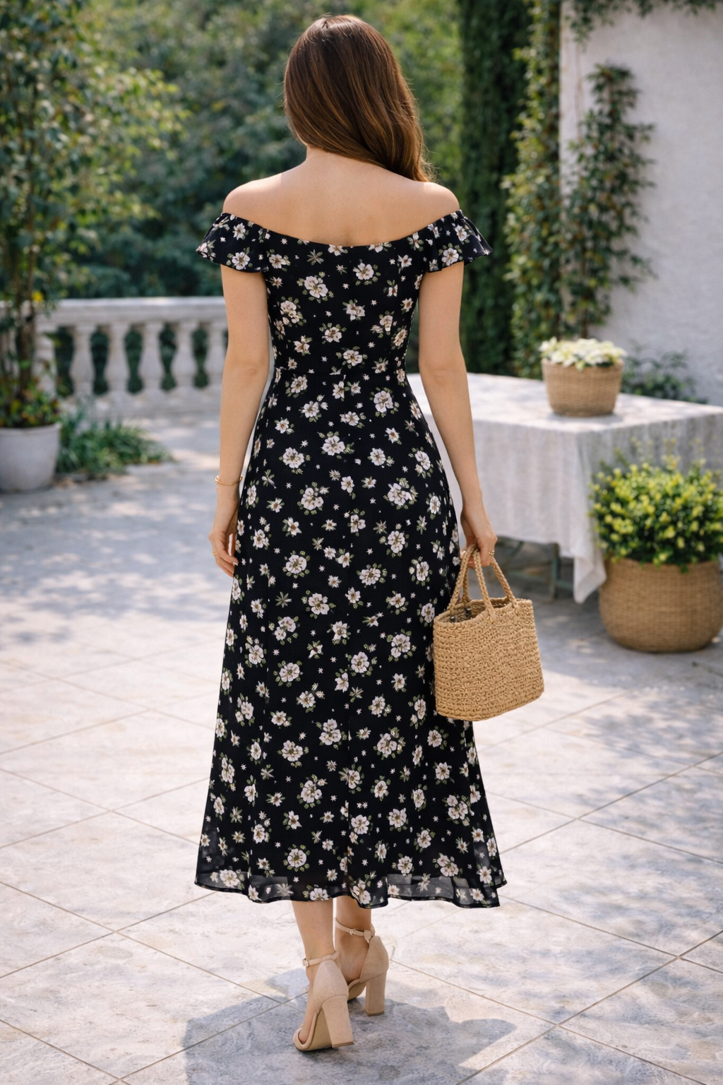 Women Black Floral Off-Shoulder Midi Dress