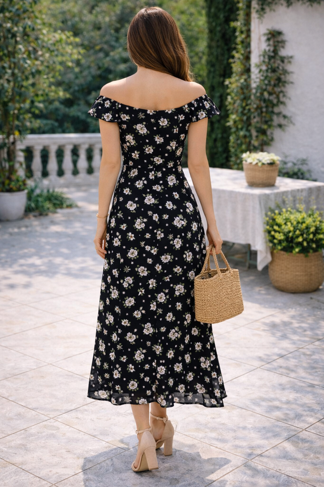 Women Black Floral Off-Shoulder Midi Dress