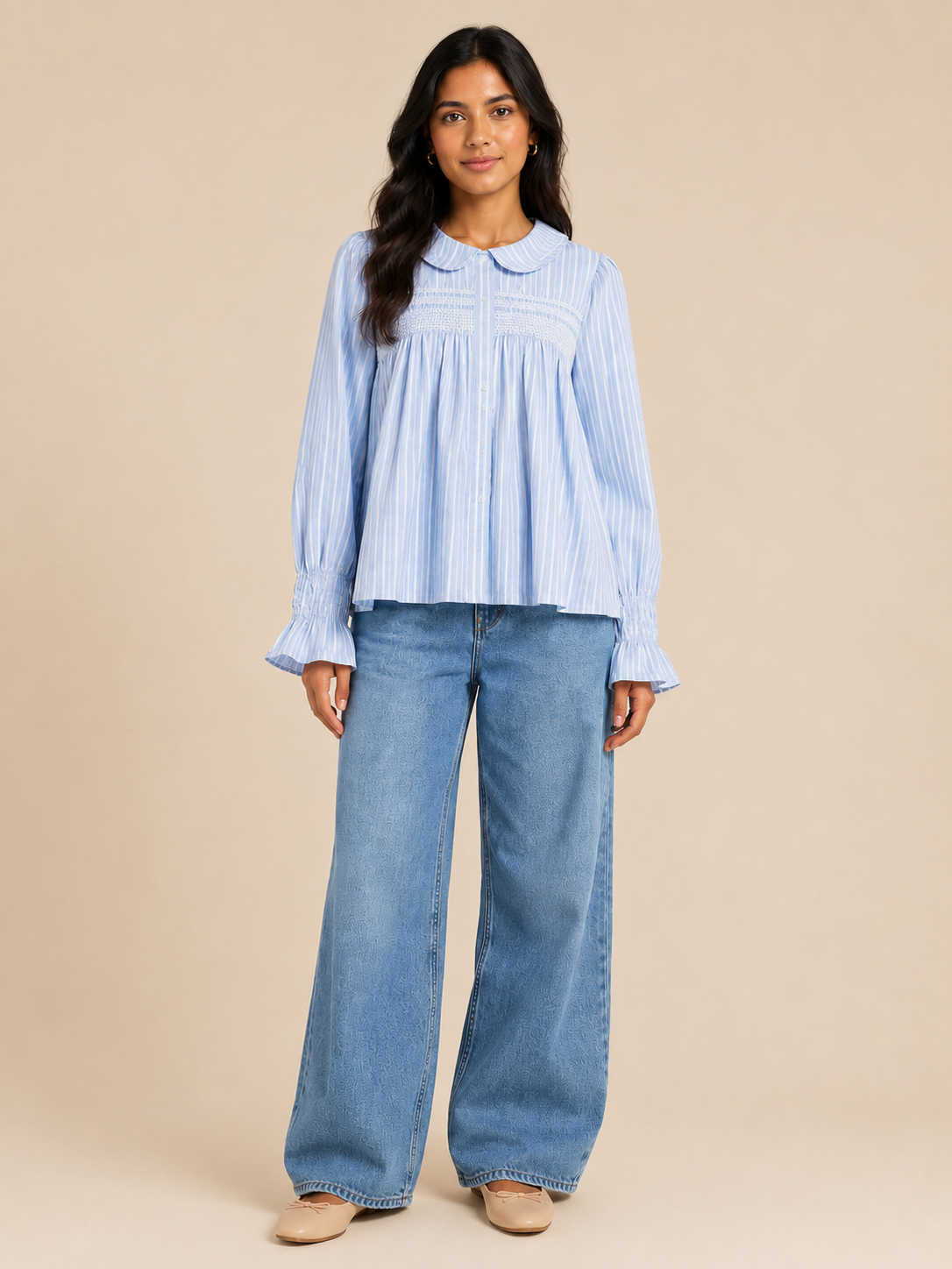 Women Blue Peter Pan Collar Top