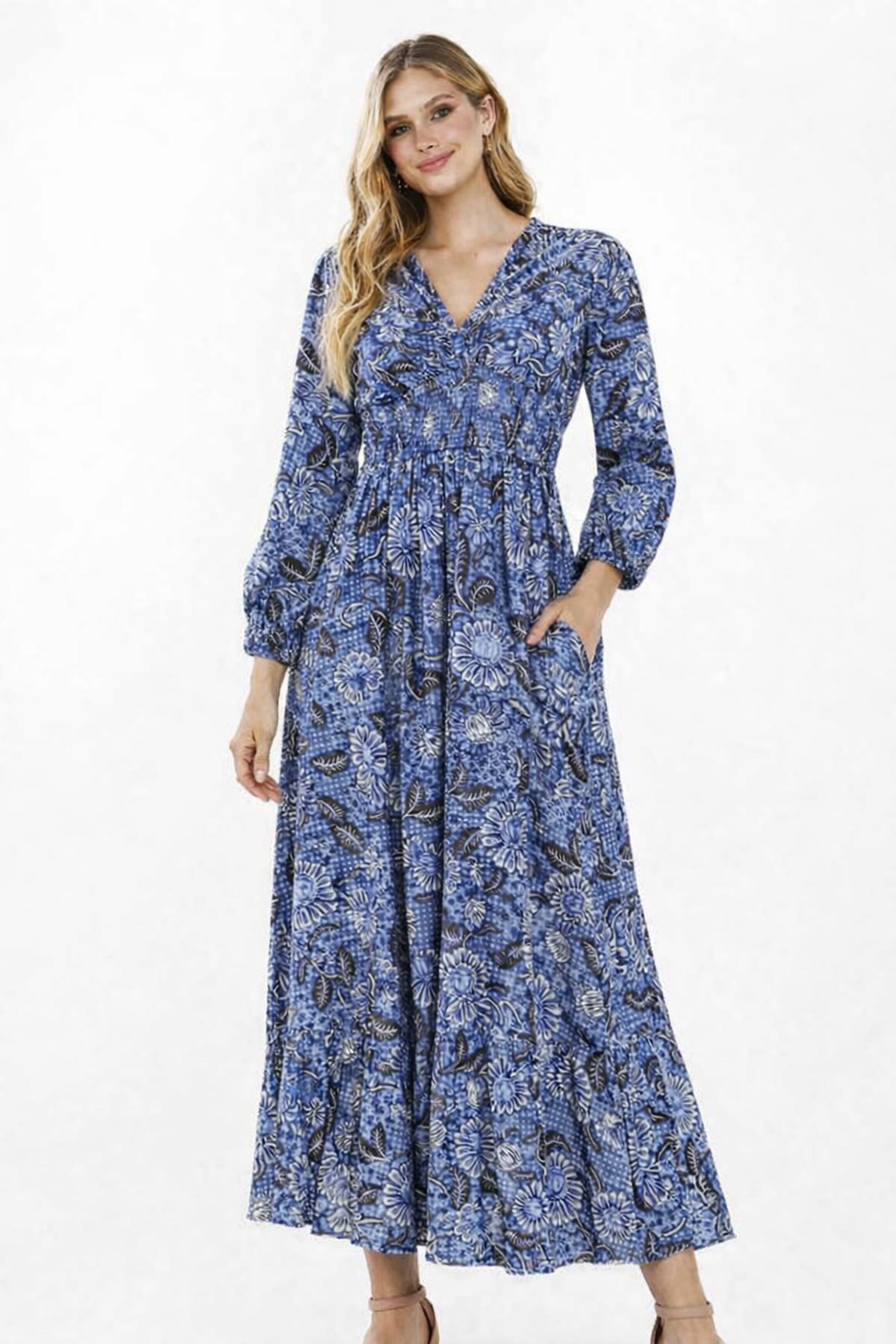 Women Blue Printed Rayon Maxi Dress