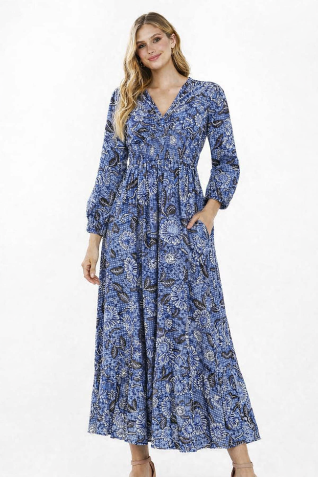 Women Blue Printed Rayon Maxi Dress