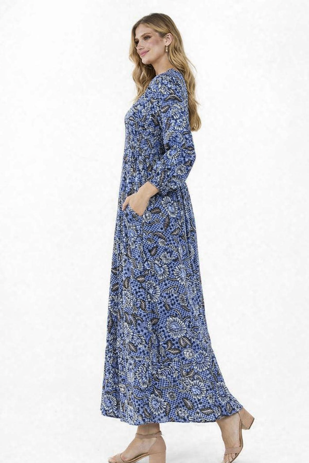 Women Blue Printed Rayon Maxi Dress