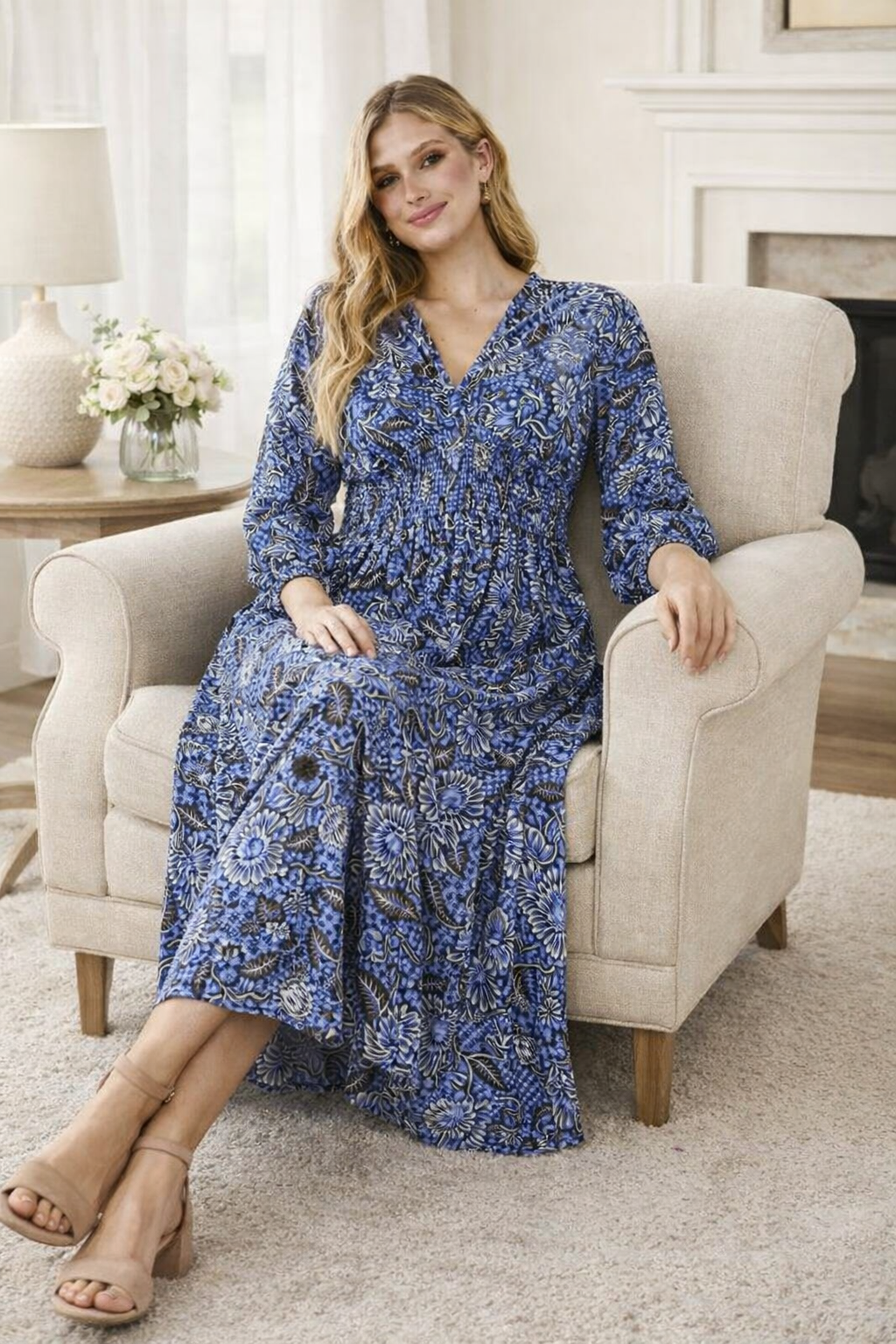 Women Blue Printed Rayon Maxi Dress