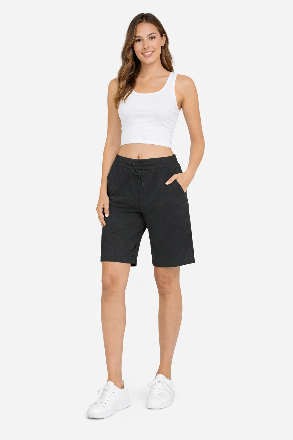 Women Black Cotton Knee Length Shorts