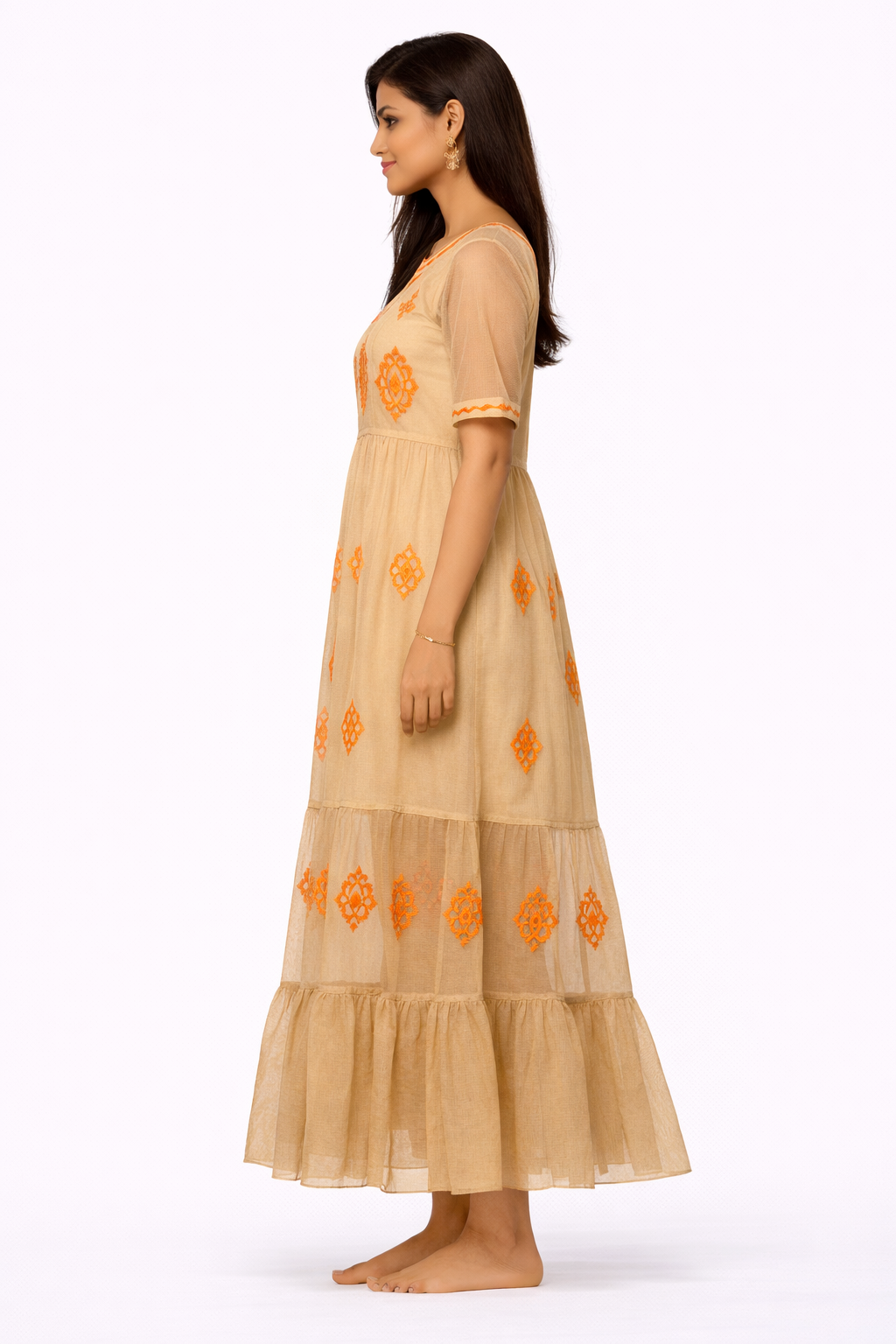Women Brown Cotton Sheer Maxi Dress with Inner
