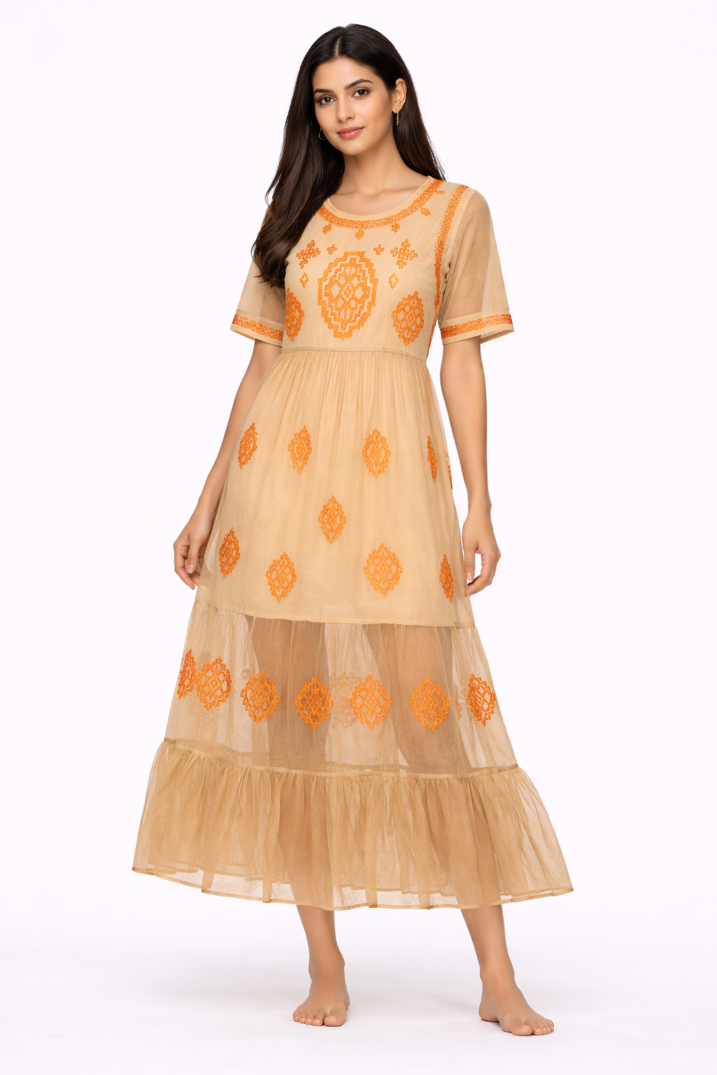 Women Brown Cotton Sheer Maxi Dress with Inner