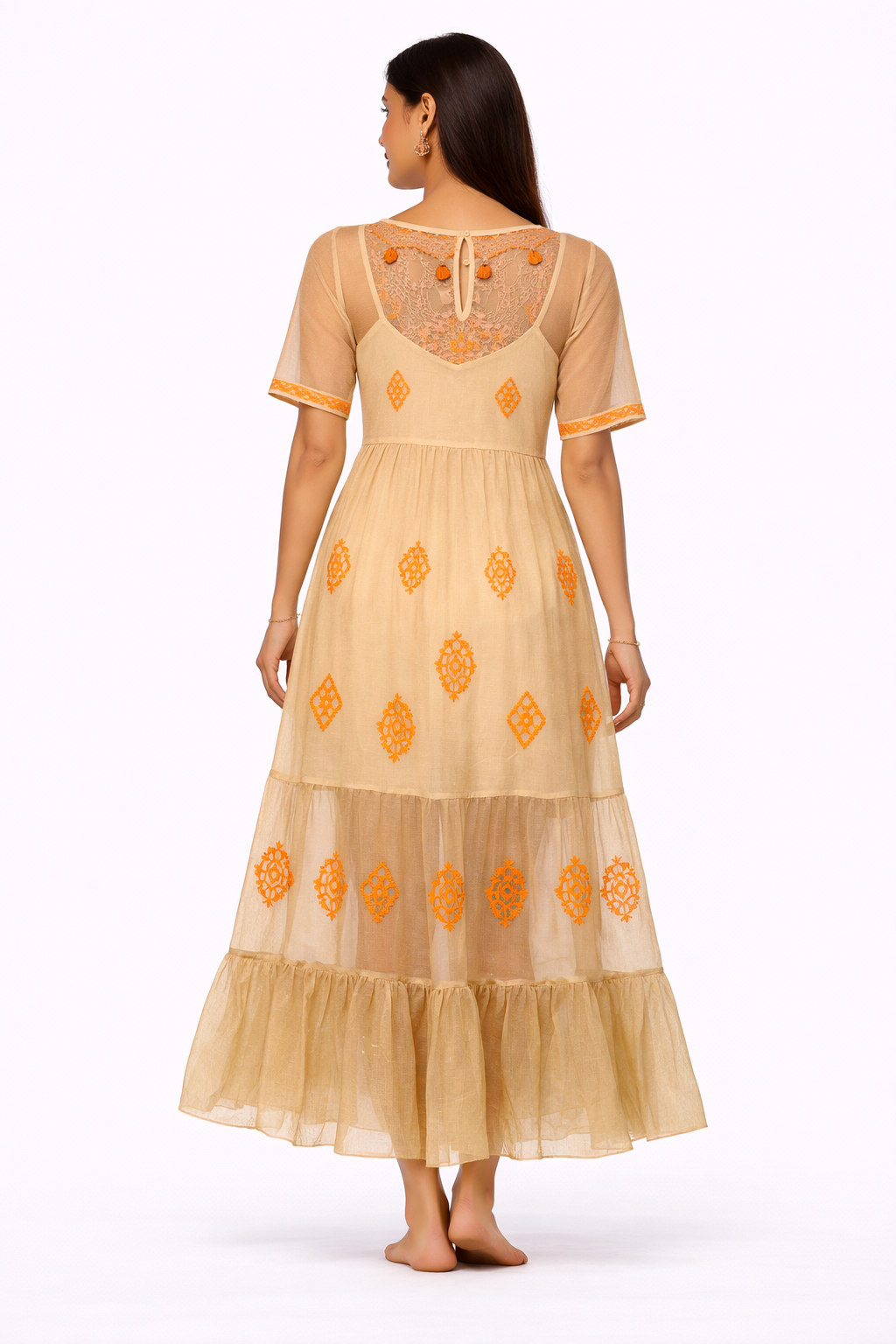 Women Brown Cotton Sheer Maxi Dress with Inner
