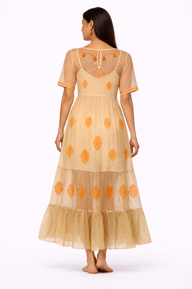 Women Brown Cotton Sheer Maxi Dress with Inner