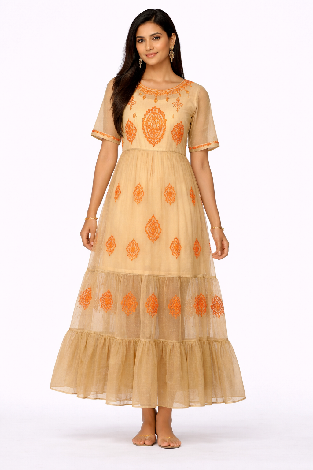 Women Brown Cotton Sheer Maxi Dress with Inner