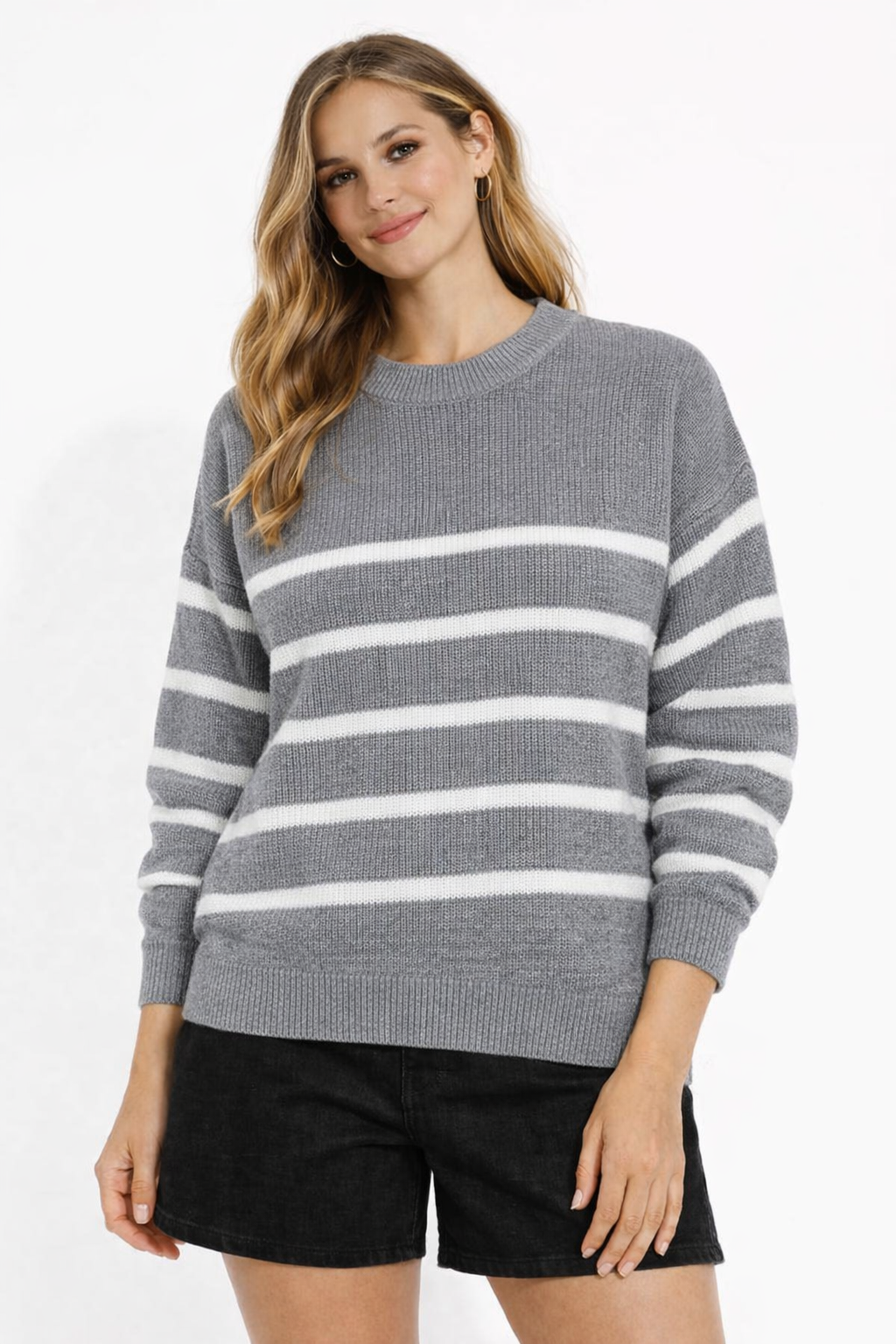 Women Grey Striped Knit Sweater