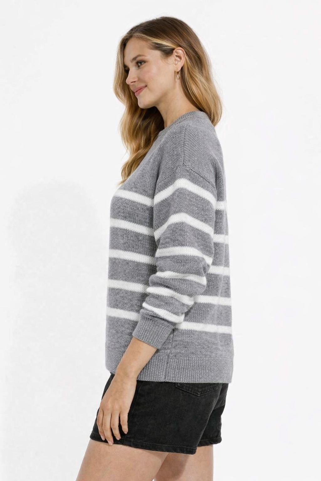 Women Grey Striped Knit Sweater