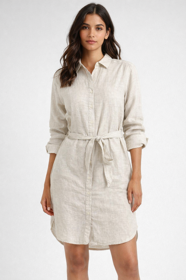 Women Grey Linen Blend Shirt Dress