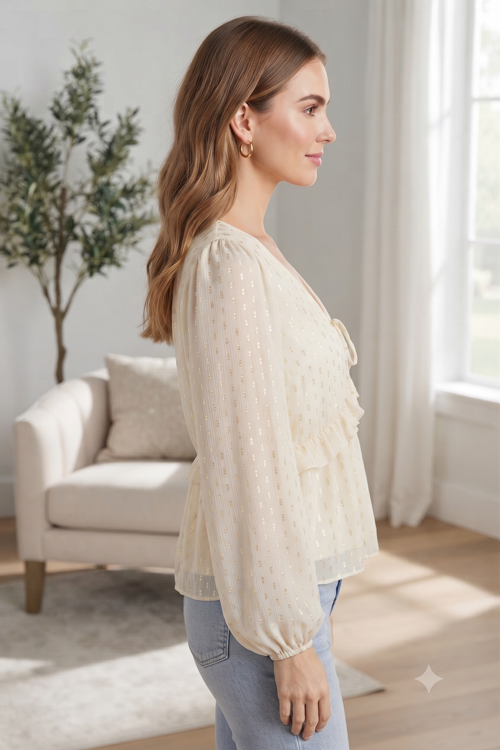 Women Cream Tie-Up Peplum Top