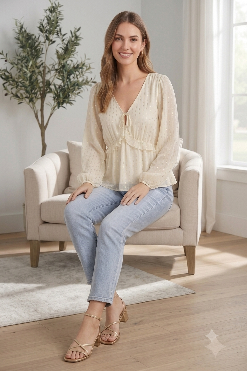 Women Cream Tie-Up Peplum Top