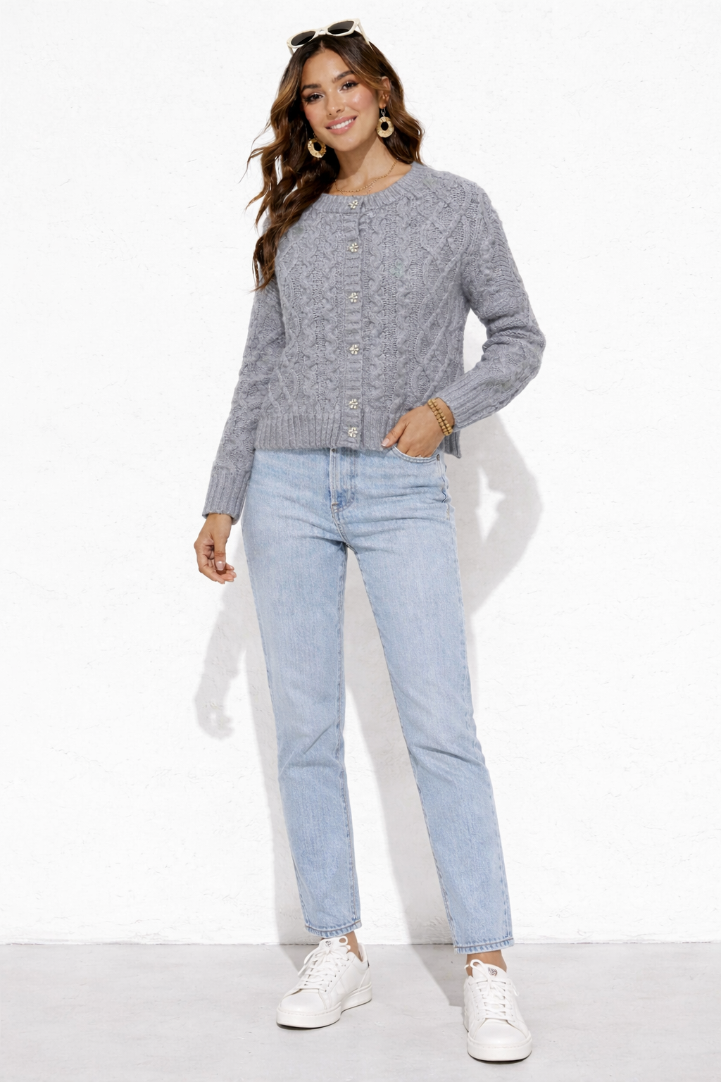 Women Grey Cable Knit Cardigan