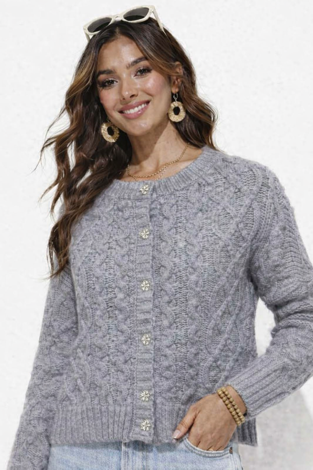 Women Grey Cable Knit Cardigan