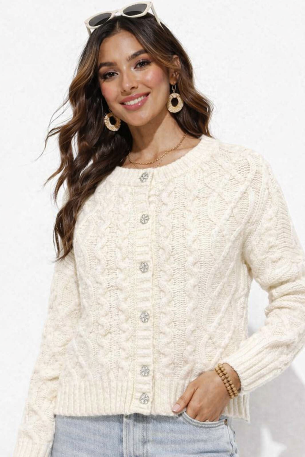 Women White Cable Knit Cardigan