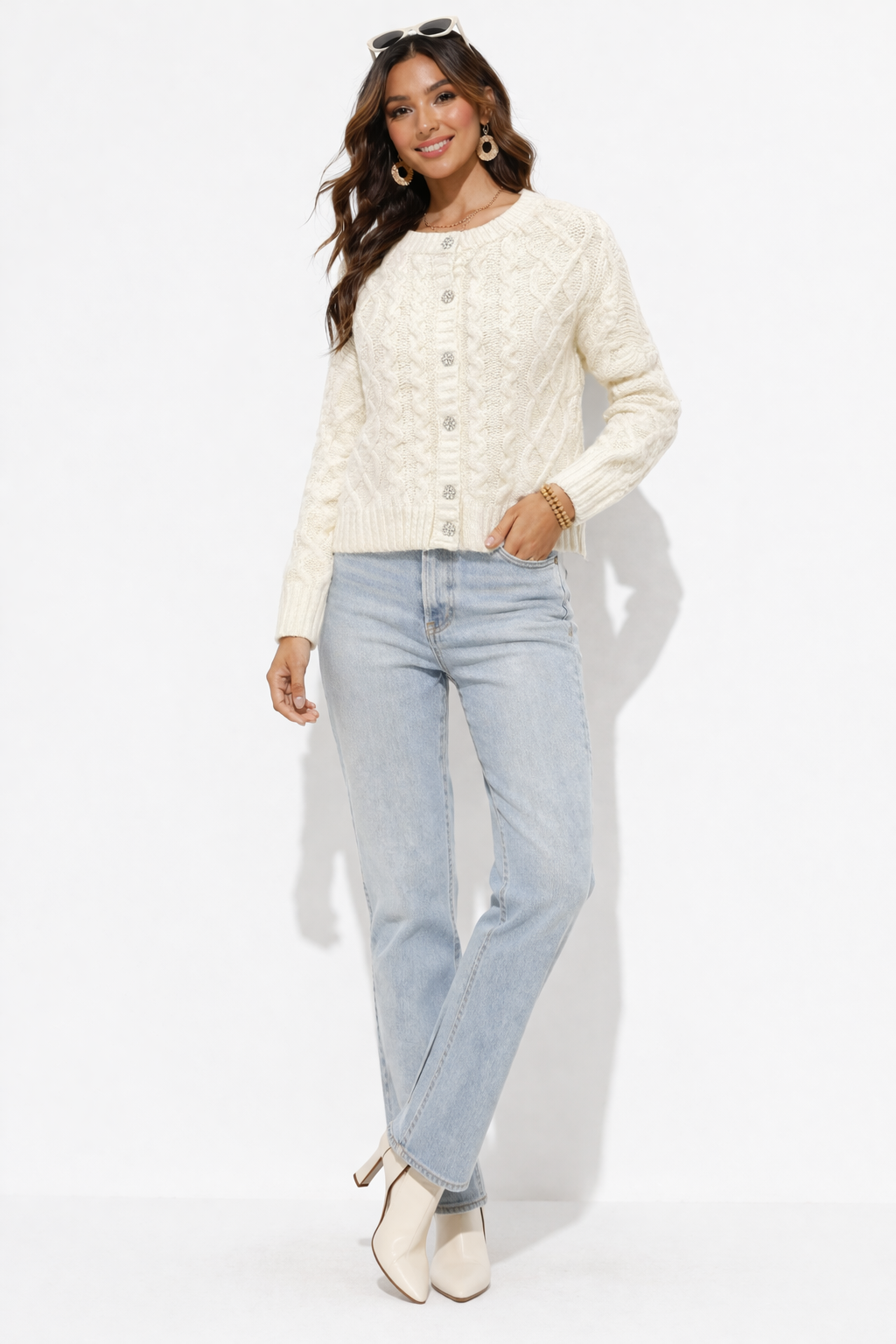 Women White Cable Knit Cardigan