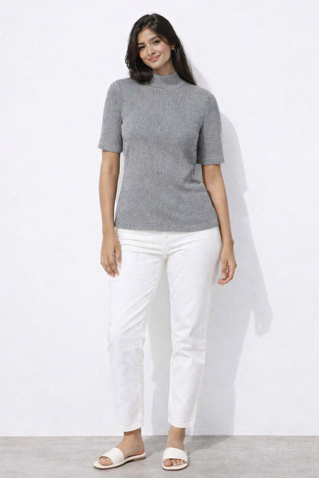 Women Silver Crew Neck Top