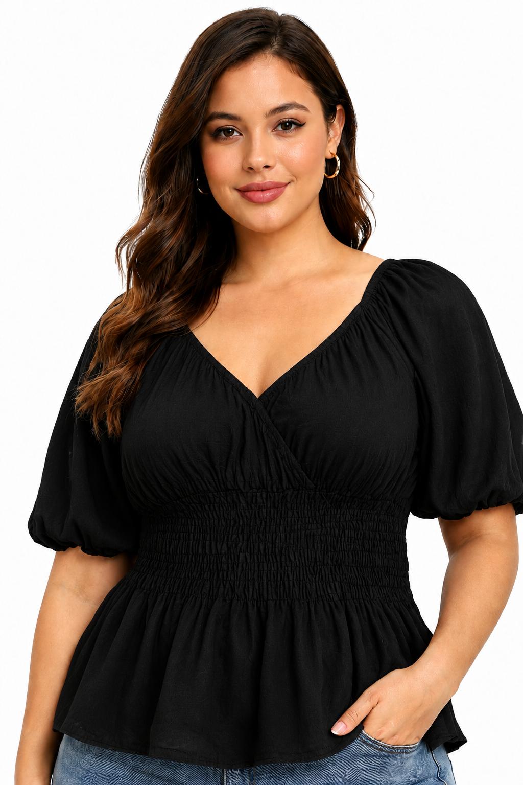 Women Black Smocked Cotton Top