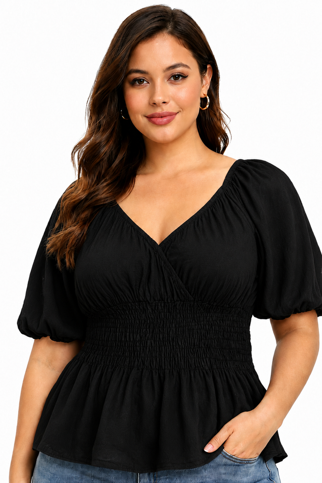 Women Black Smocked Cotton Top