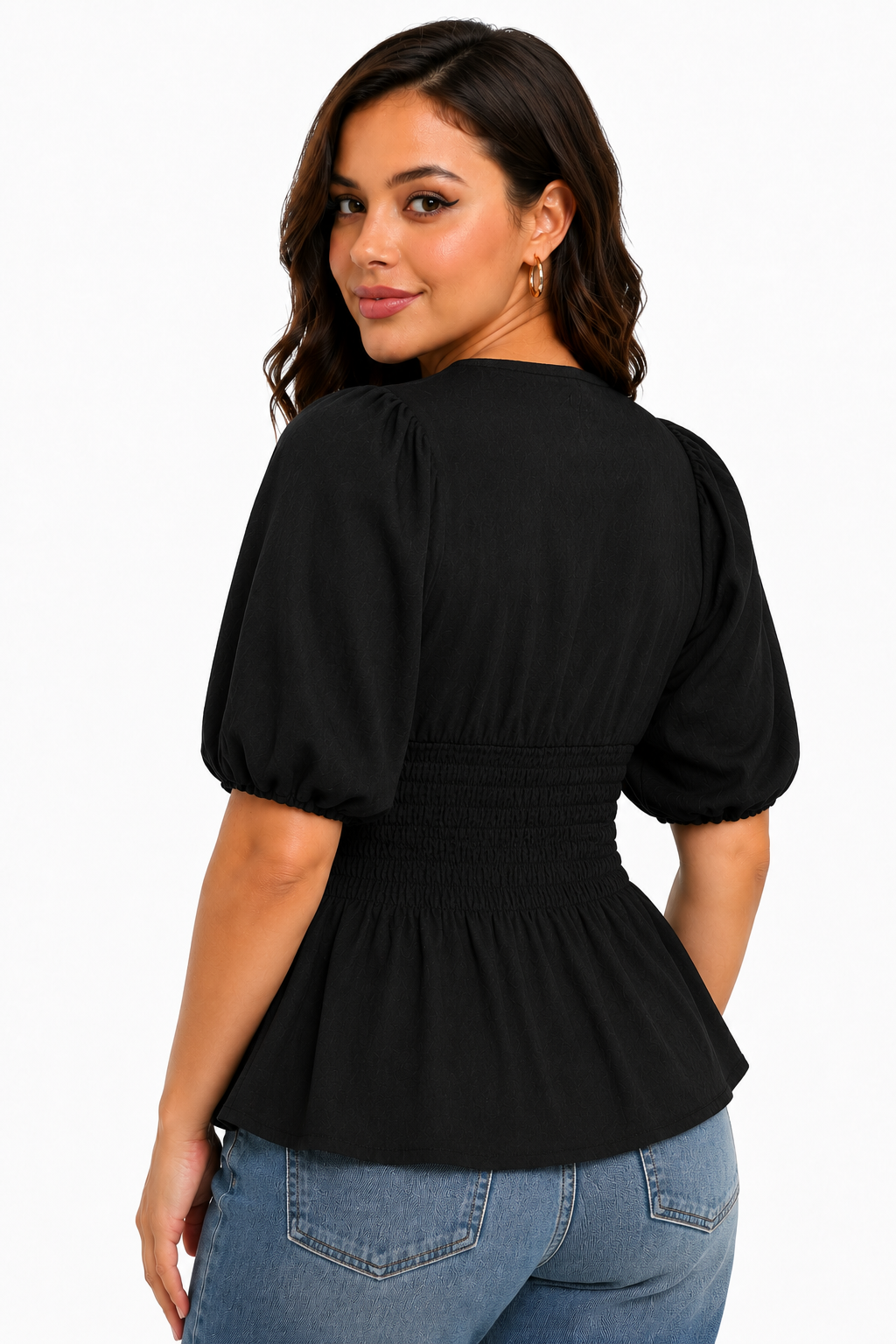 Women Black Smocked Cotton Top
