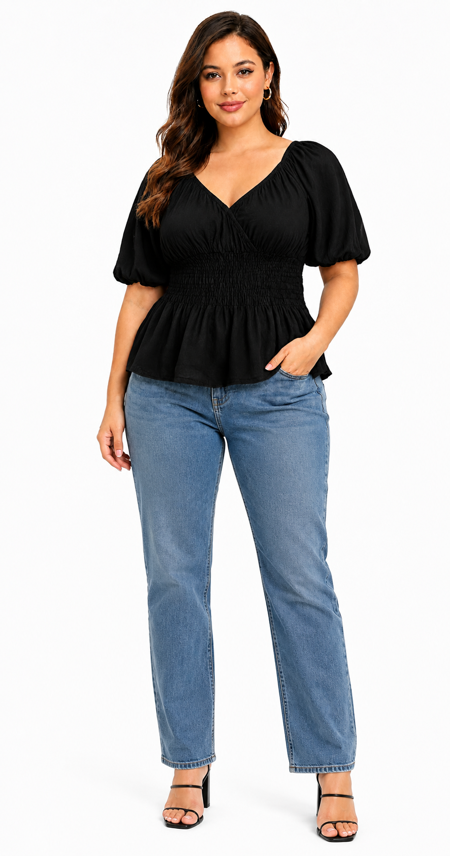 Women Black Smocked Cotton Top