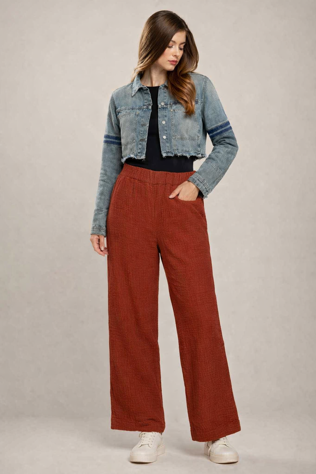 Women Rust Wide Leg Cotton Pant
