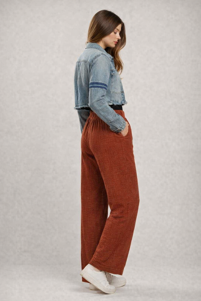 Women Rust Wide Leg Cotton Pant