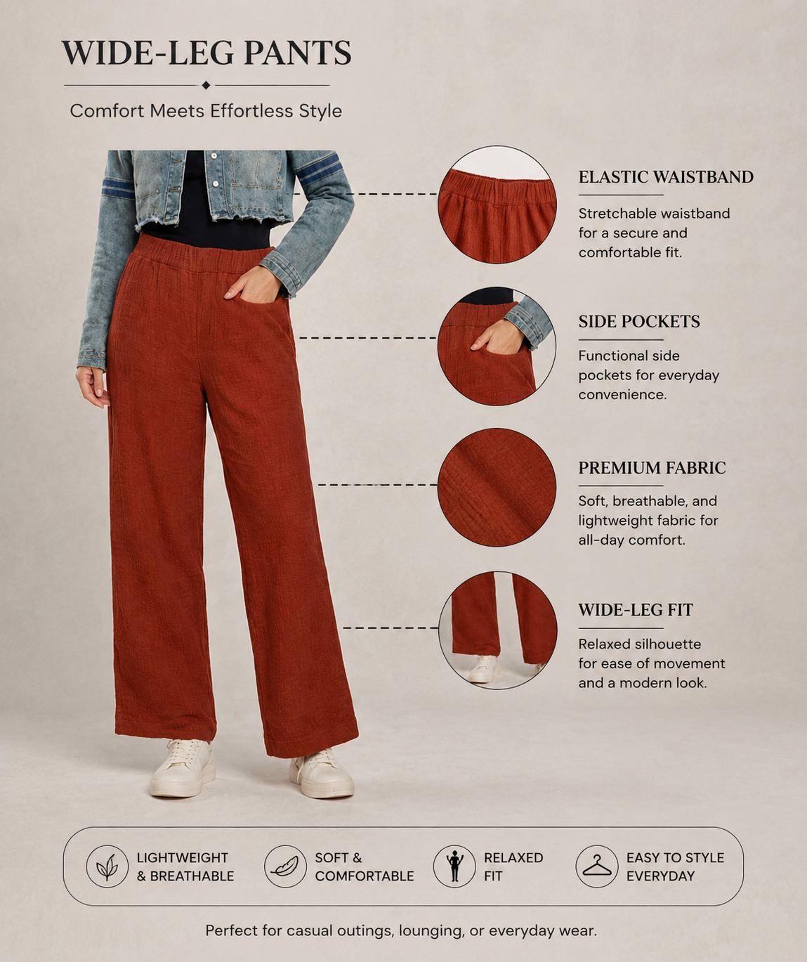 Women Rust Wide Leg Cotton Pant