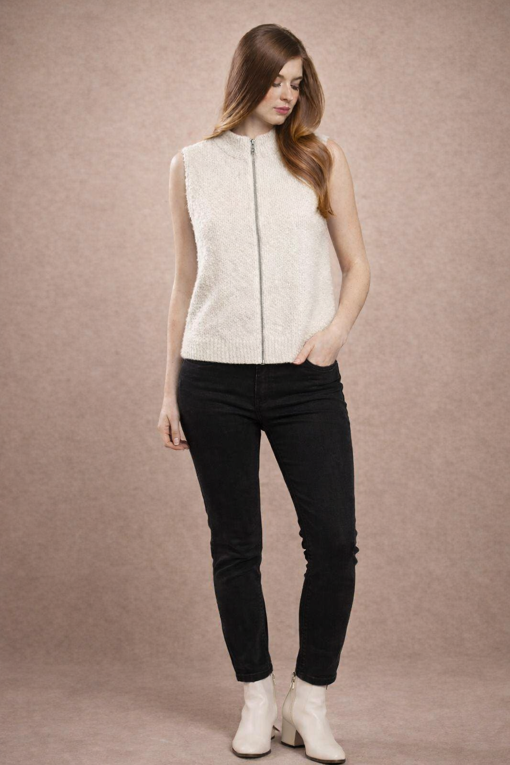 Women Cream Zip-Up Sweater Vest