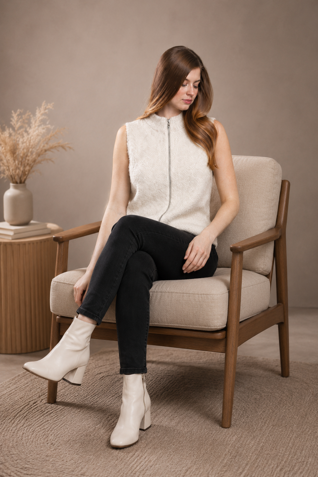Women Cream Zip-Up Sweater Vest