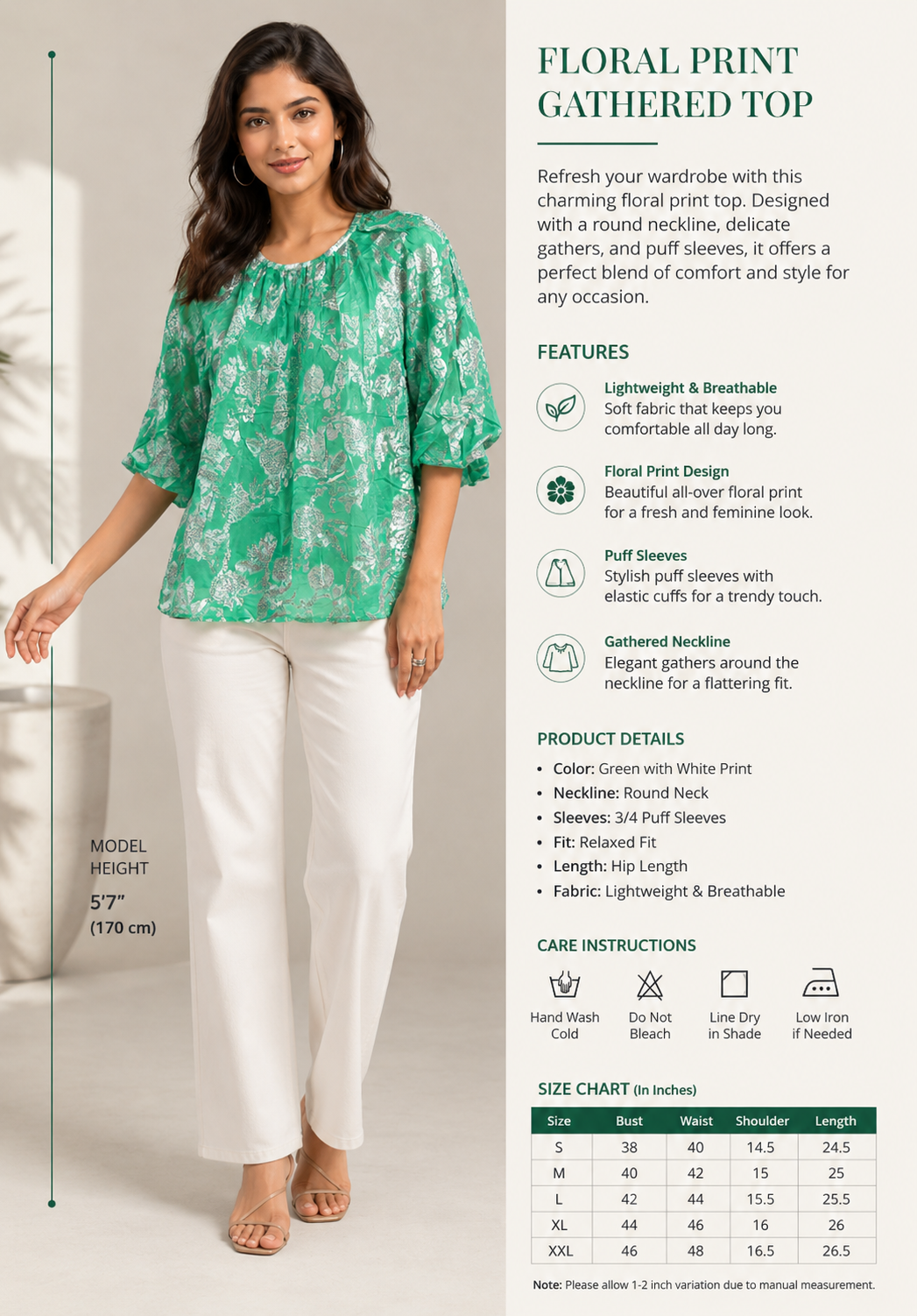 Women Green Floral Print Gathered Top