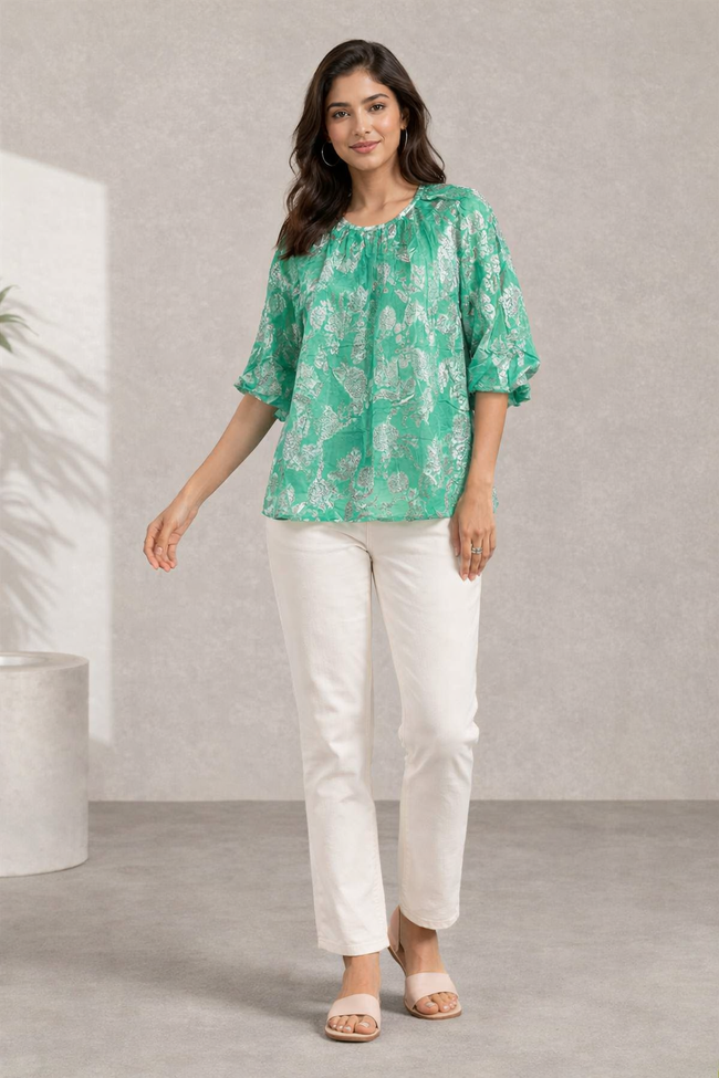 Women Green Floral Print Gathered Top