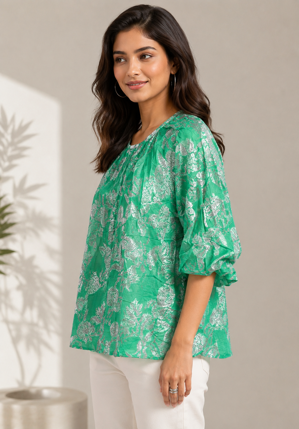 Women Green Floral Print Gathered Top