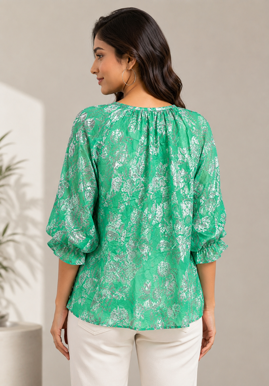Women Green Floral Print Gathered Top