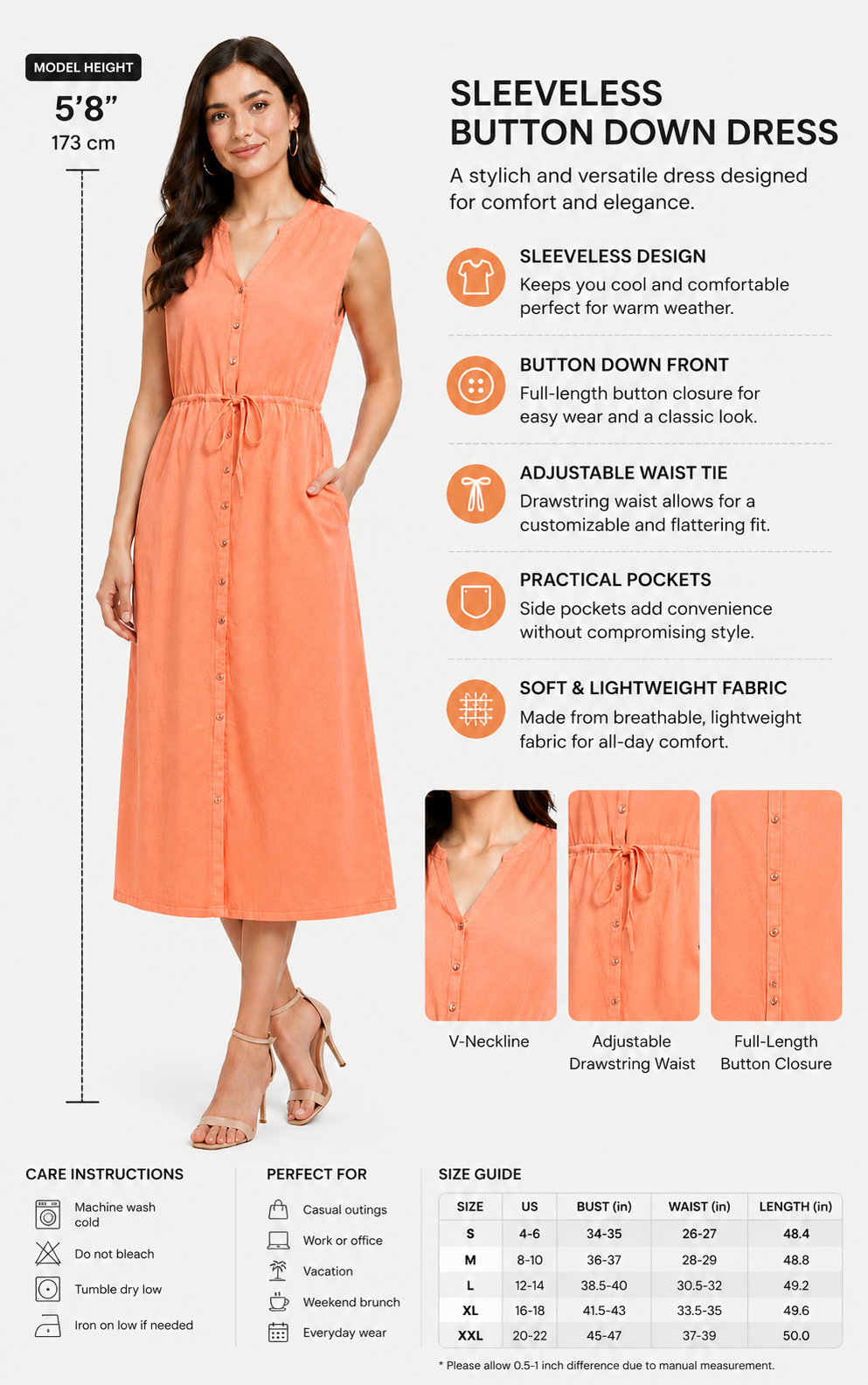 Women Orange Cotton Midi Dress