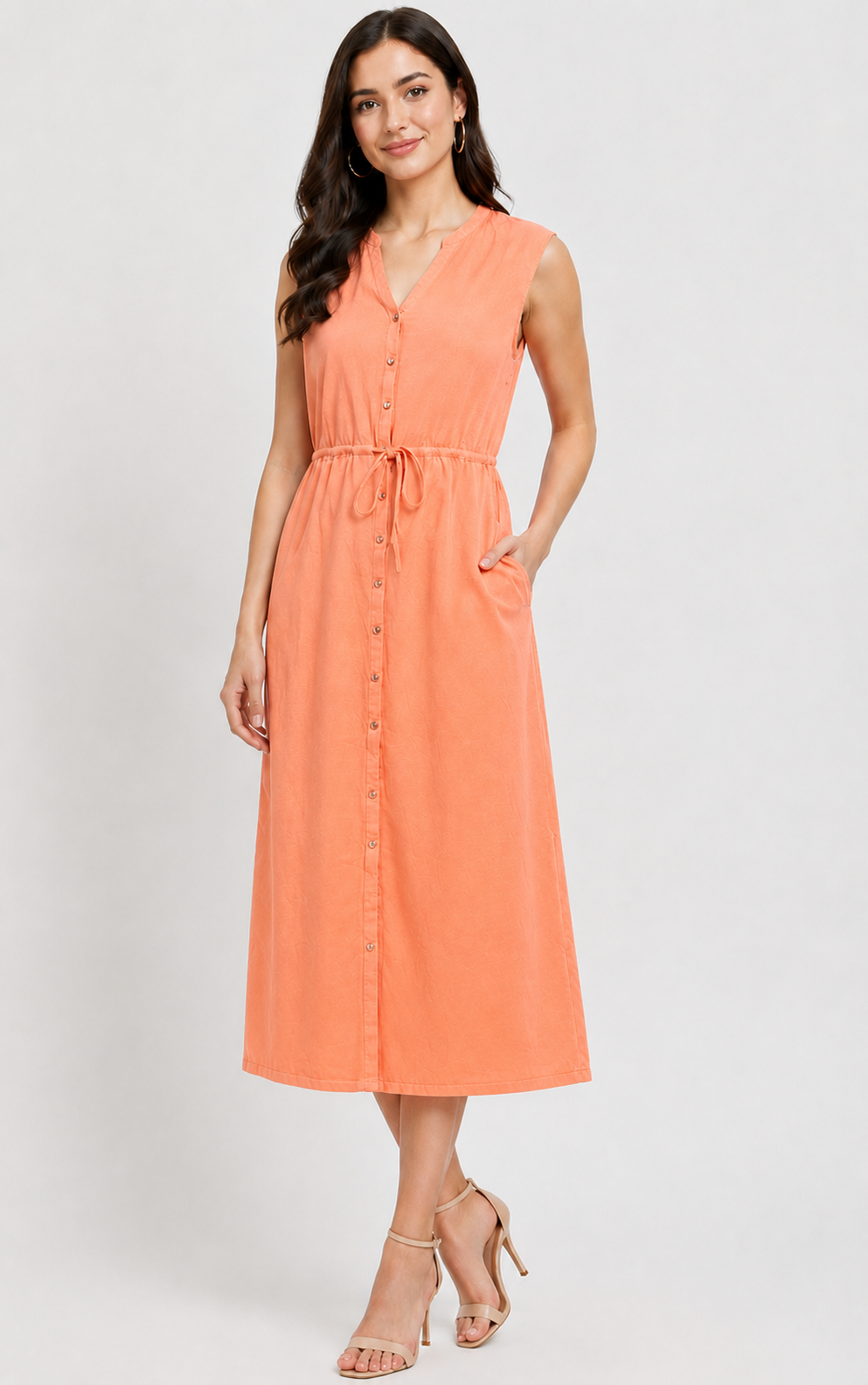 Women Orange Cotton Midi Dress
